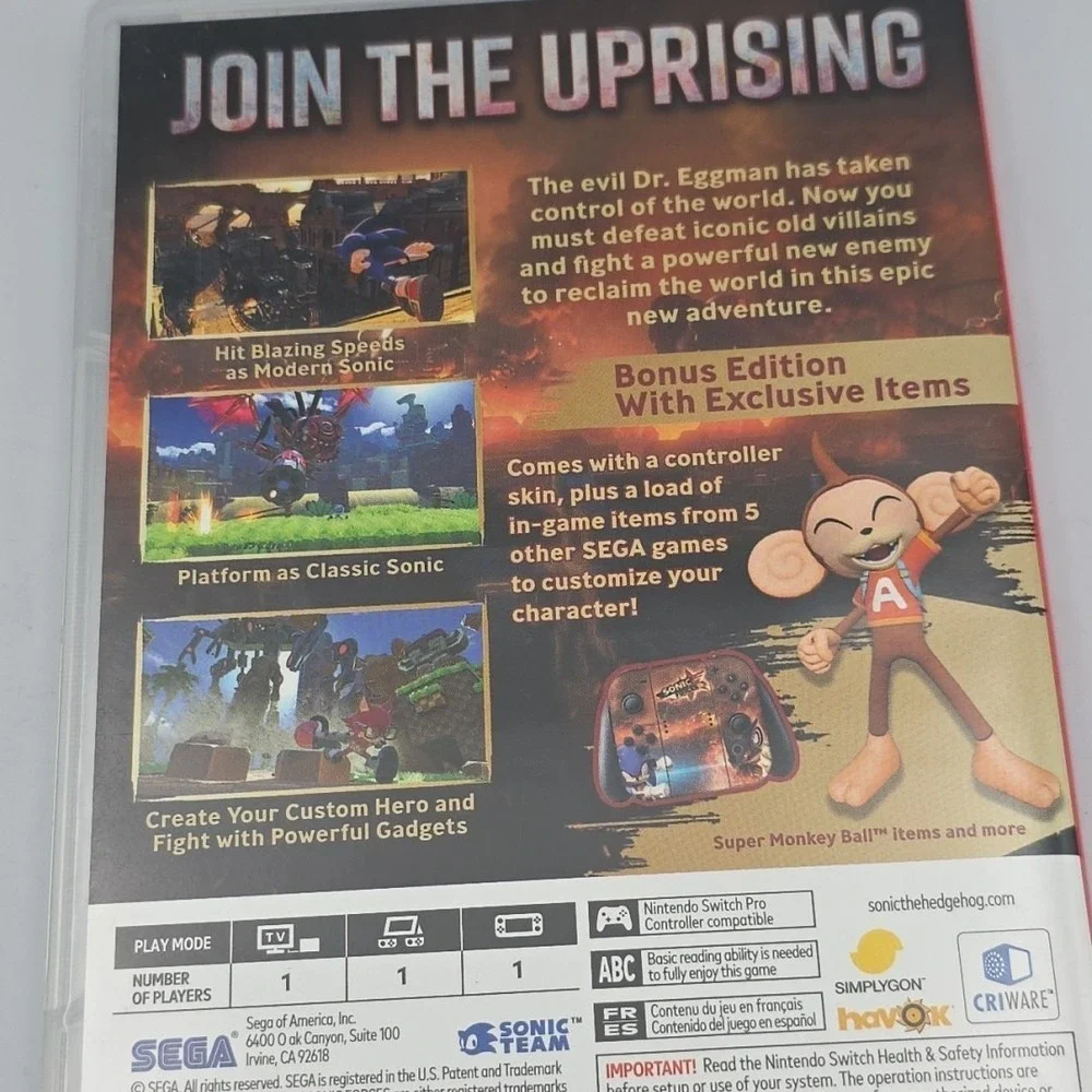 Sonic Forces - Bonus Edition (Nintendo Switch, 2017) COMPLETE CIB SKINS UNUSED!!